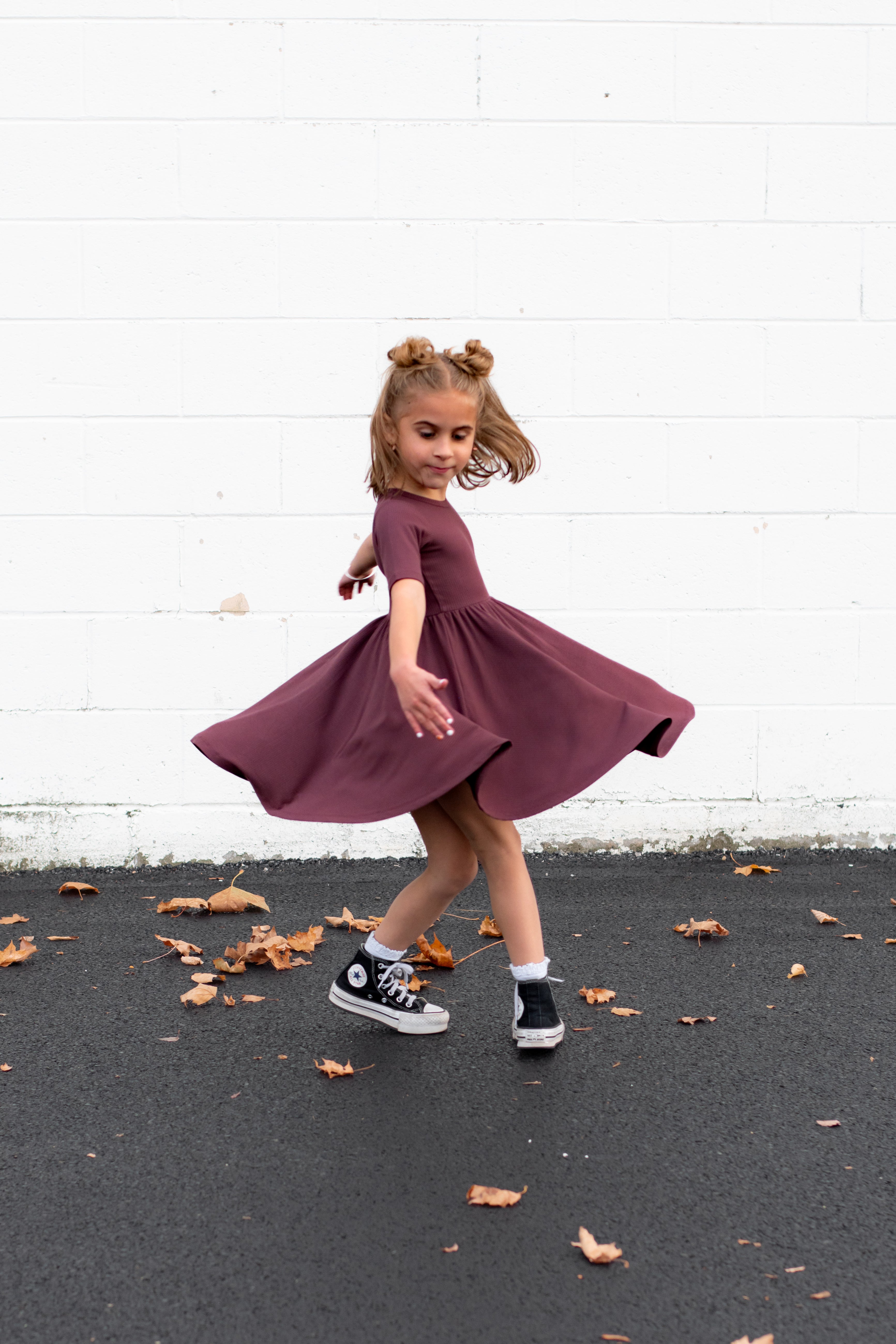 MID SLEEVE TWIRL DRESS- Black Cherry Ribbed