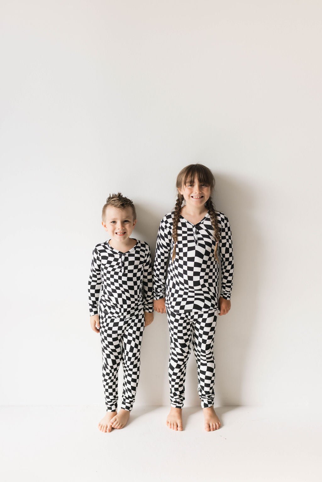Bamboo Two Piece Pajamas | Black & White Wavy Checkerboard - Tenth & Pine - 2/3 Years