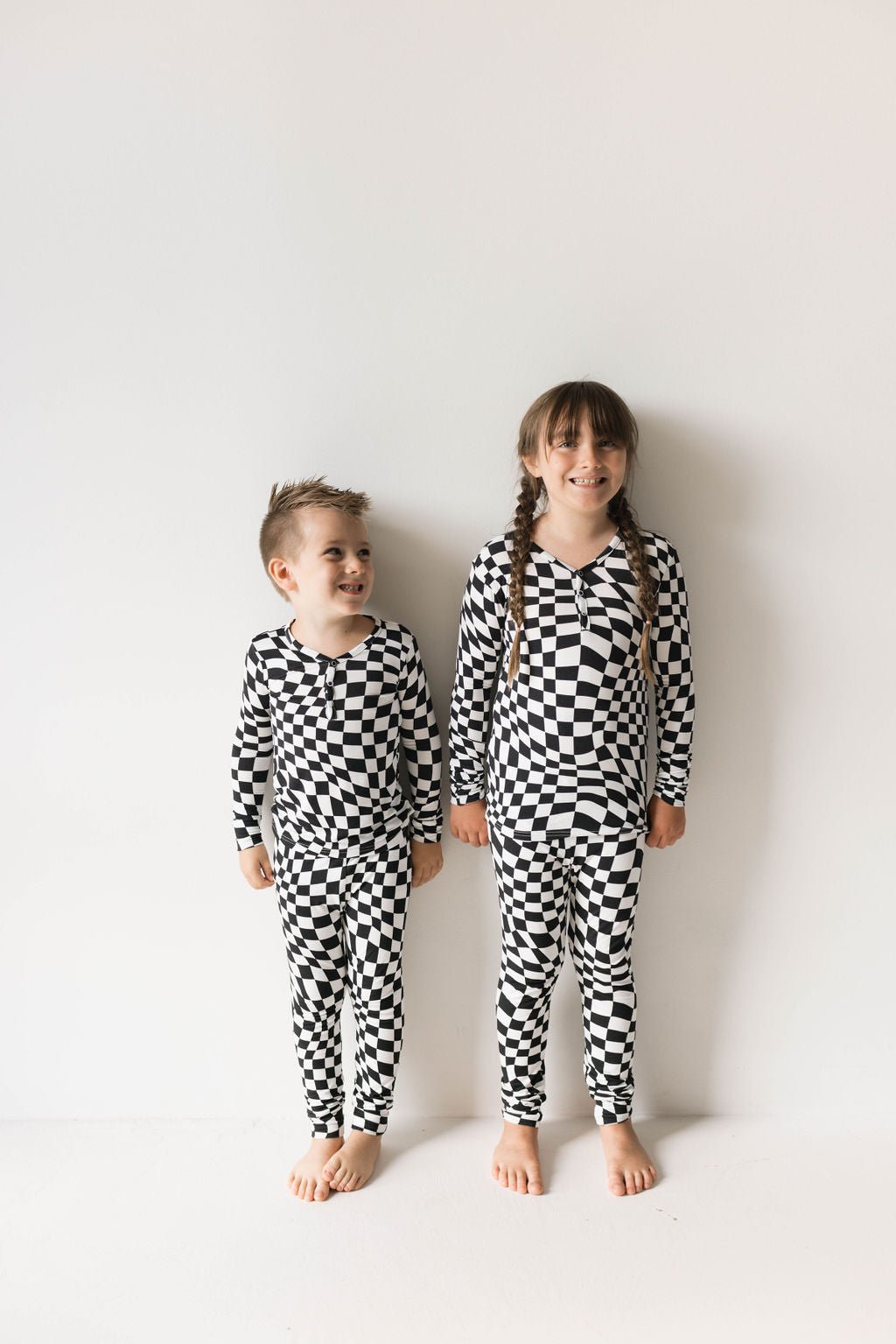 Bamboo Two Piece Pajamas | Black & White Wavy Checkerboard - Tenth & Pine - 2/3 Years