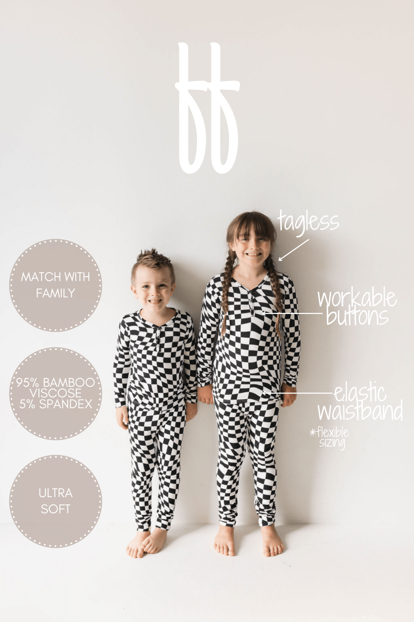 Bamboo Two Piece Pajamas | Black & White Wavy Checkerboard - Tenth & Pine - 2/3 Years