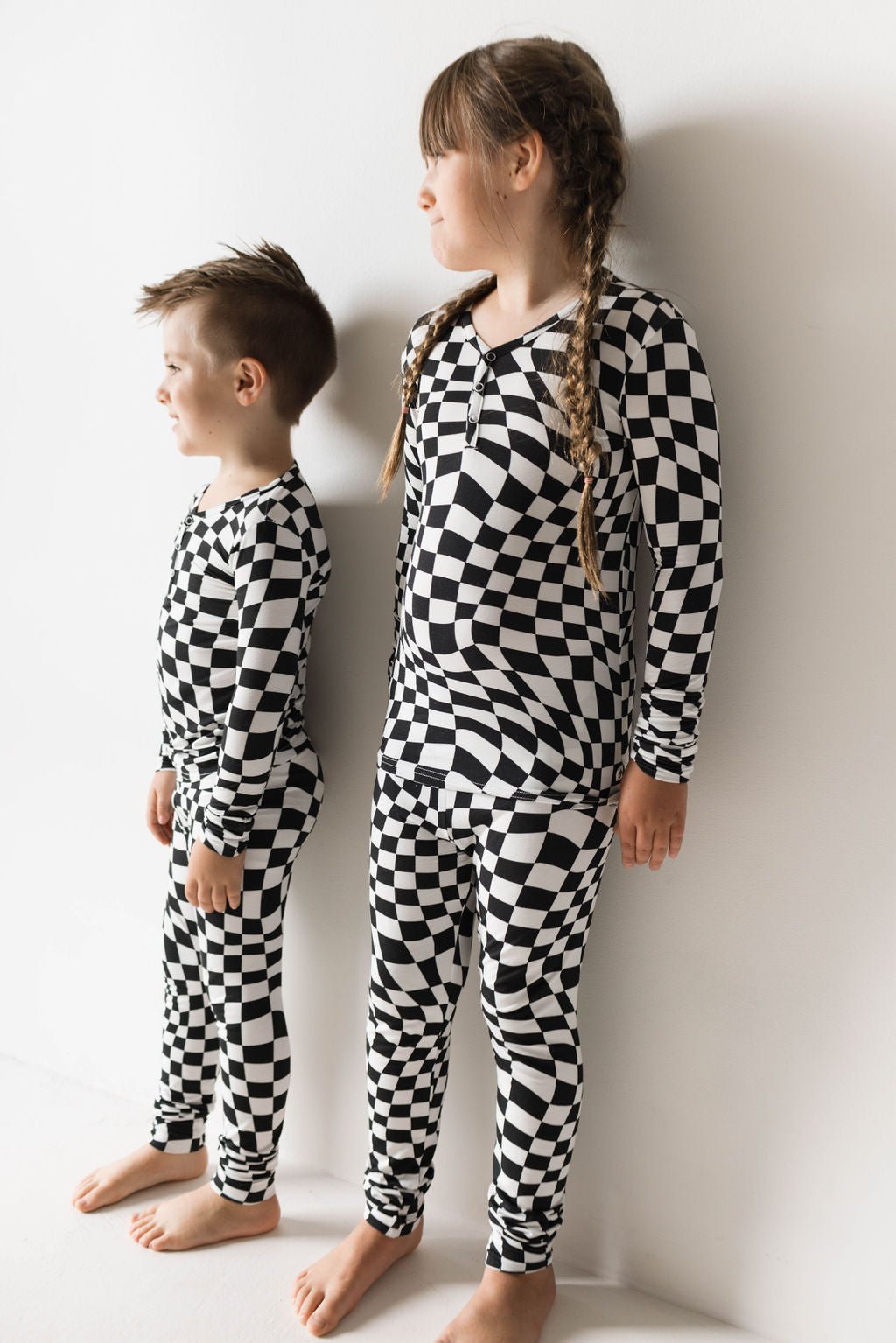 Bamboo Two Piece Pajamas | Black & White Wavy Checkerboard - Tenth & Pine - 2/3 Years
