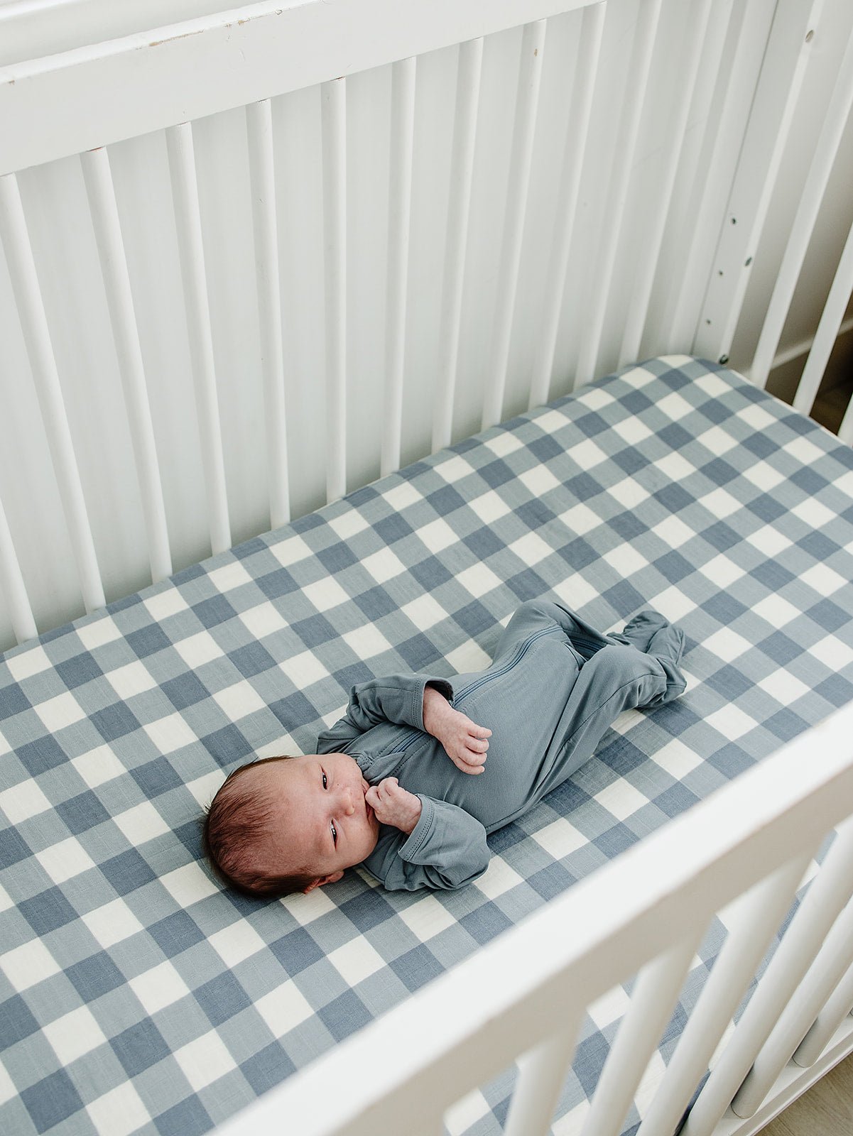 Dusty Blue Gingham Muslin Crib Sheet - Tenth & Pine -