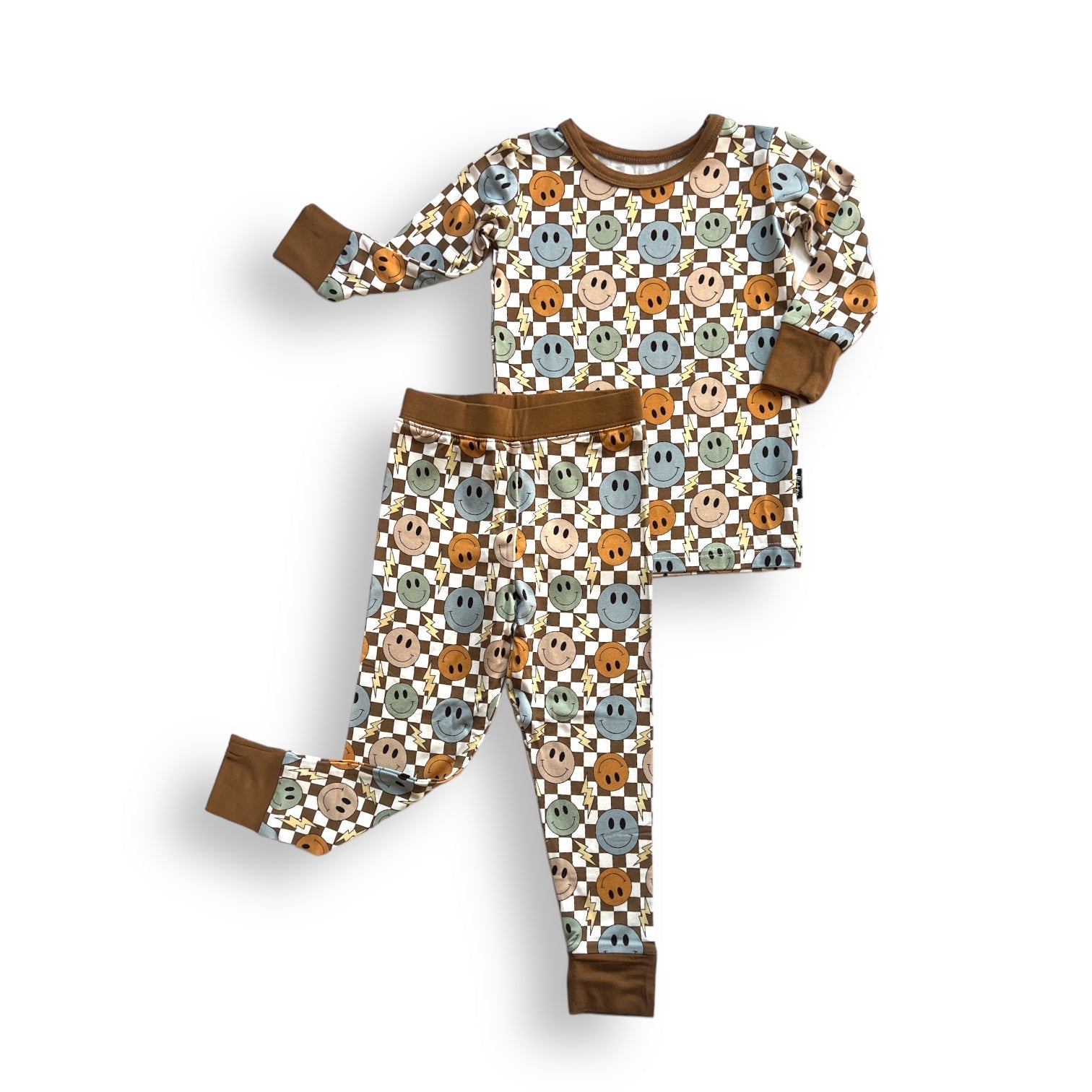LONG SLEEVE 2 PIECE SETS - Beige Happy Smiles - Tenth & Pine - Bamboo 2 Piece PJ - 12/18m