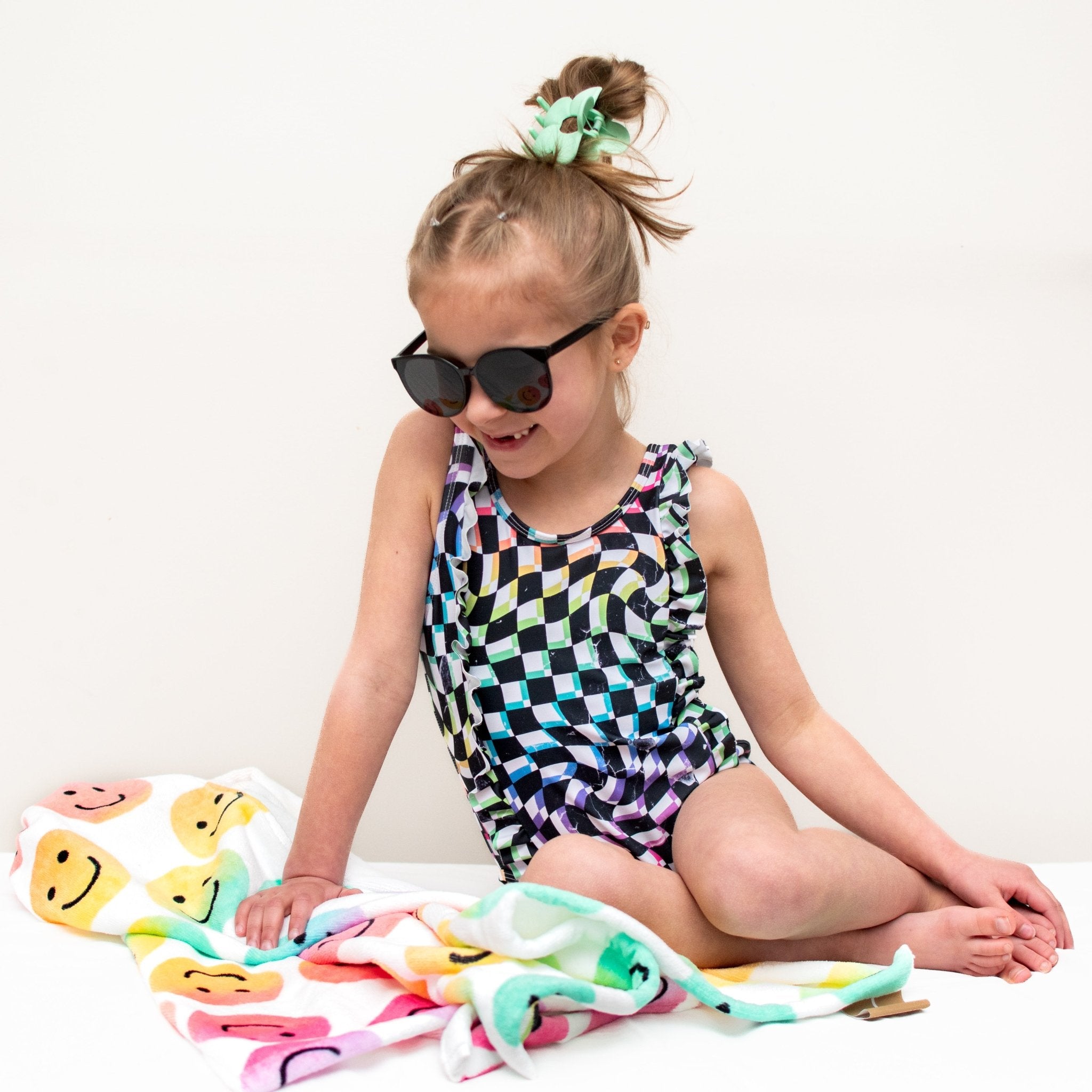 RUFFLE SWIMSUIT - Neon Dizzy Check - Tenth & Pine - Ruffle Swimsuit - 6/12m - millie + roo