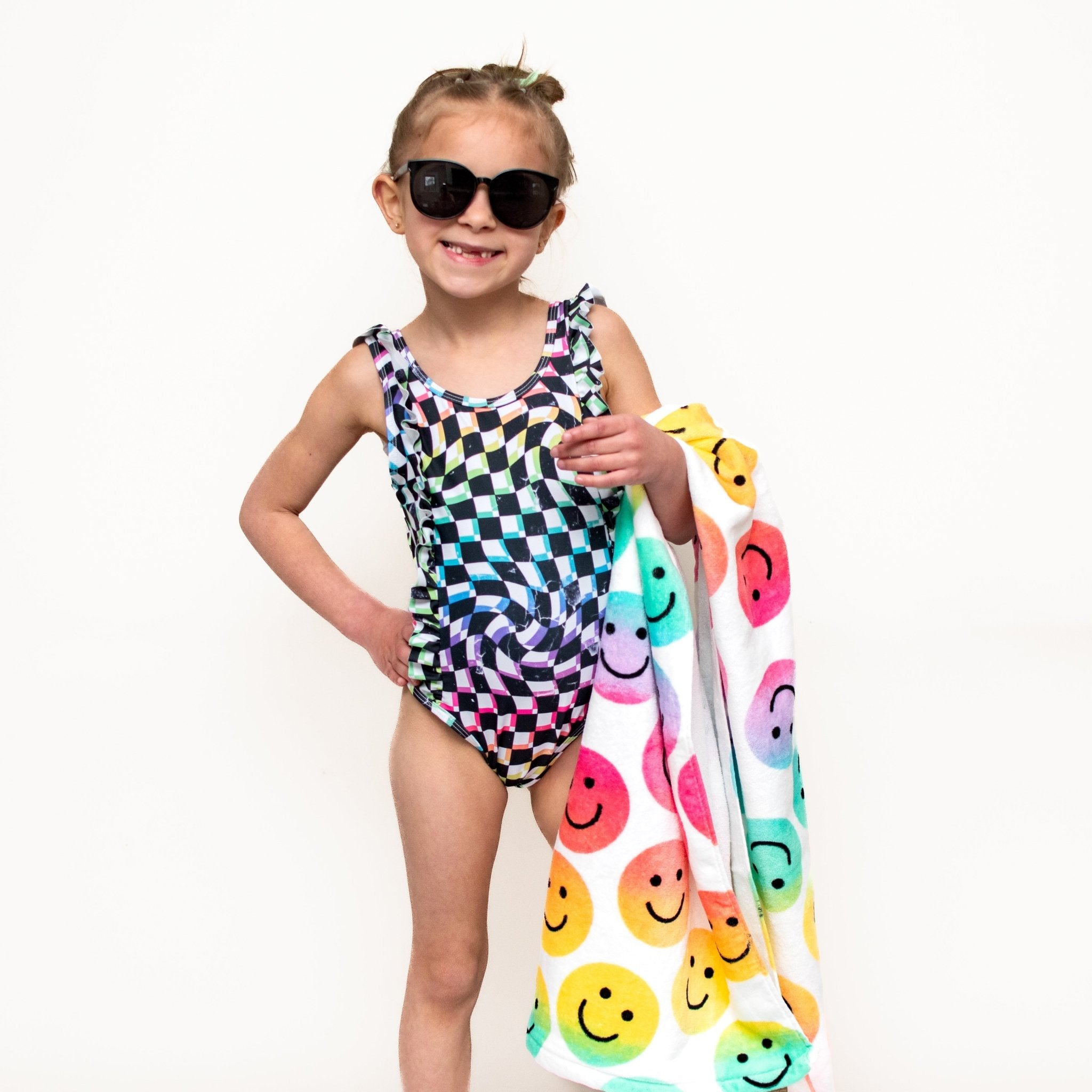 RUFFLE SWIMSUIT - Neon Dizzy Check - Tenth & Pine - Ruffle Swimsuit - 6/12m - millie + roo