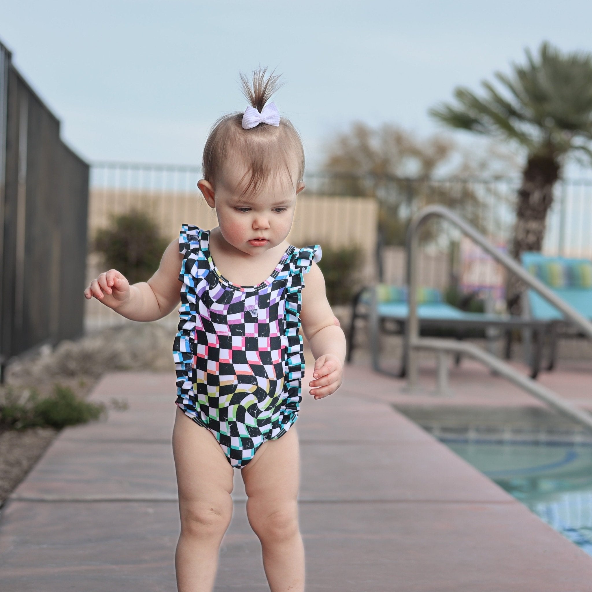 RUFFLE SWIMSUIT - Neon Dizzy Check - Tenth & Pine - Ruffle Swimsuit - 6/12m - millie + roo