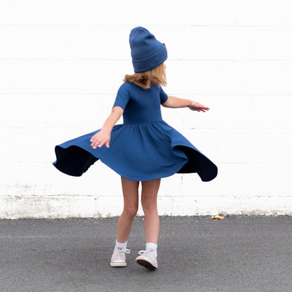 MID SLEEVE TWIRL DRESS- Navy Ribbed