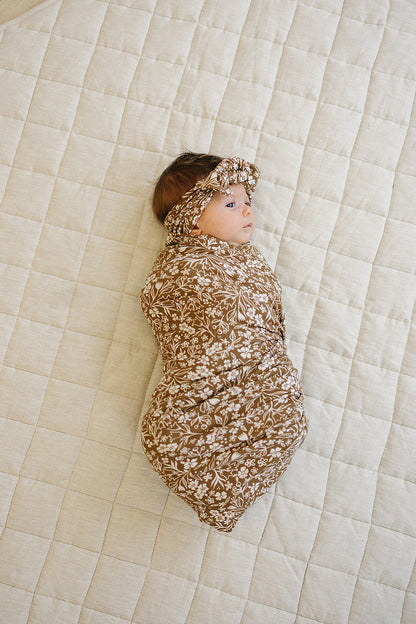 Brown Floral Ribbed Bamboo Stretch Swaddle