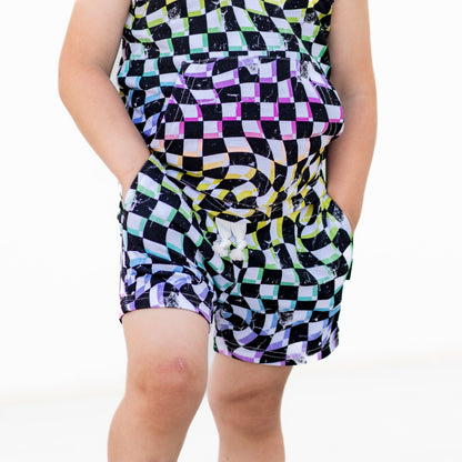 BAMBOO JOGGER SHORTS - Neon Dizzy Check - Tenth &amp; Pine - jogger shorts - 0/6M