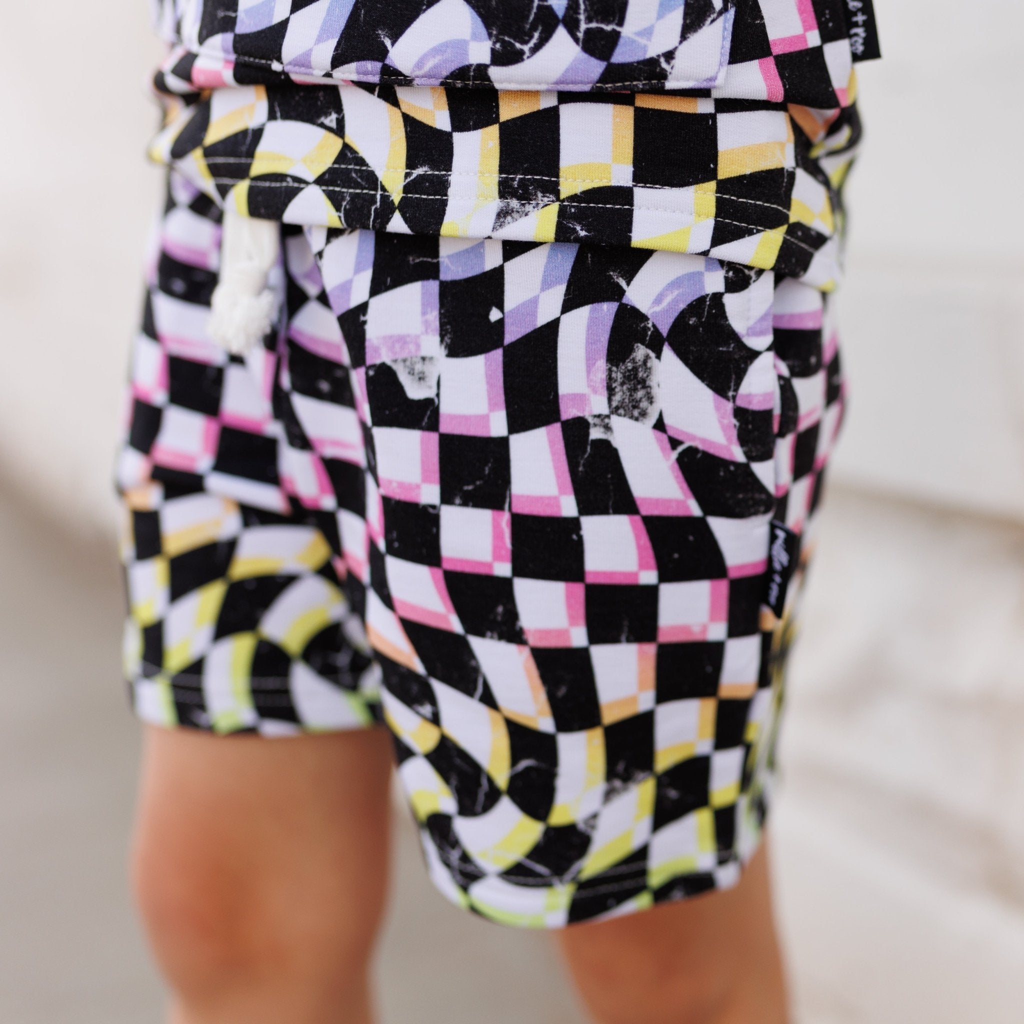 BAMBOO JOGGER SHORTS - Neon Dizzy Check - Tenth &amp; Pine - jogger shorts - 0/6M