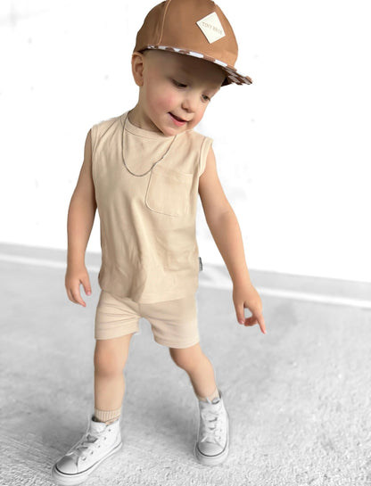 BAMBOO RIBBED BIKER SHORTS - SAND - Tenth &amp; Pine - 3 - 6M