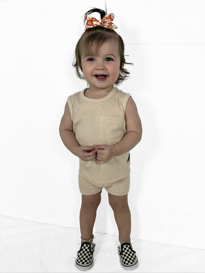 BAMBOO RIBBED BIKER SHORTS - SAND - Tenth &amp; Pine - 3 - 6M