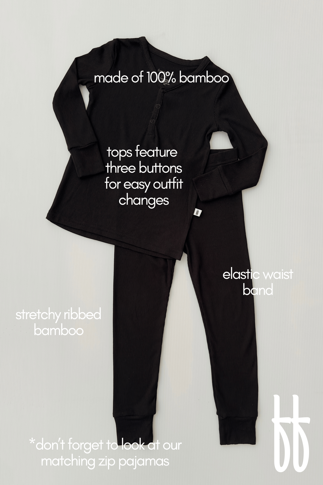 Bamboo Two Piece Pajamas | Black Ribbed - Tenth &amp; Pine - pajamas - 2/3 Years