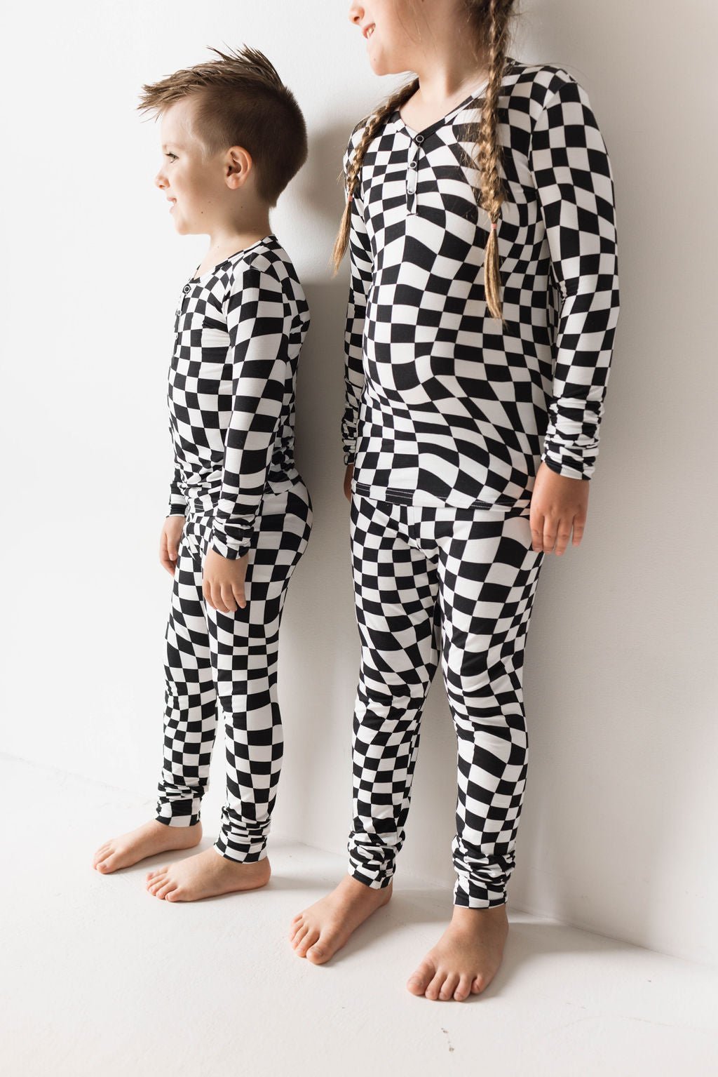 Bamboo Two Piece Pajamas | Black &amp; White Wavy Checkerboard - Tenth &amp; Pine - 2/3 Years