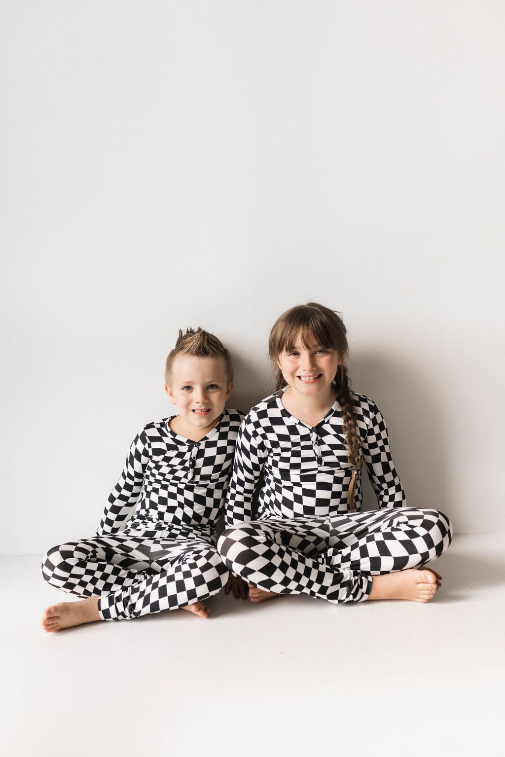 Bamboo Two Piece Pajamas | Black &amp; White Wavy Checkerboard - Tenth &amp; Pine - 2/3 Years