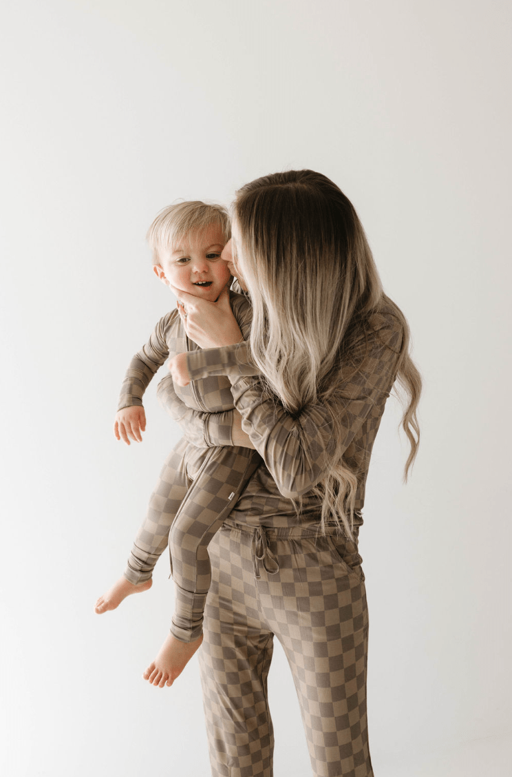 Bamboo Zip Pajamas | Faded Brown Checkerboard - Tenth &amp; Pine - Newborn
