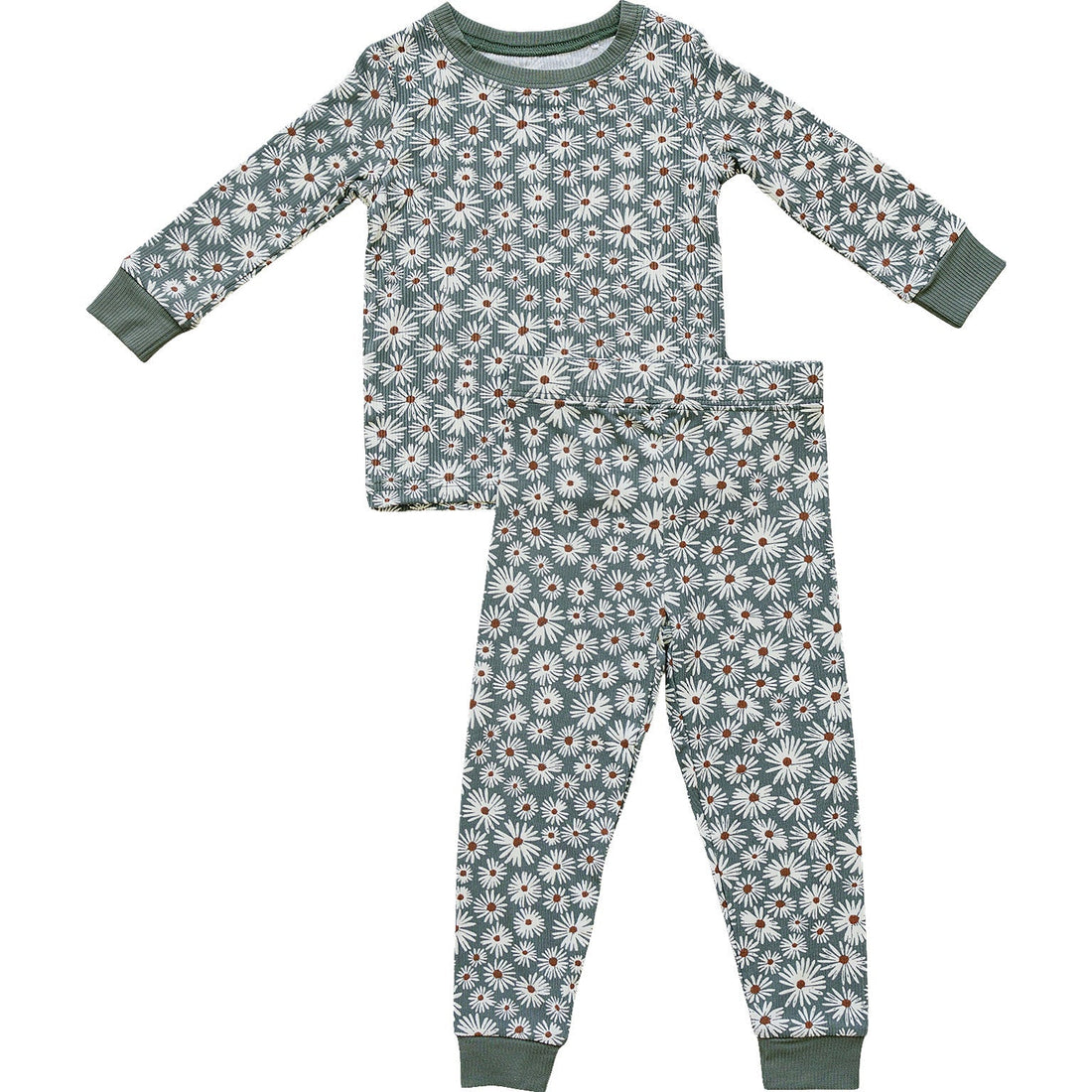 Dark Green Daisy Ribbed Bamboo Cozy Set - Tenth &amp; Pine - Bamboo 2 Piece PJ - 6 - 12 - Mebie Baby