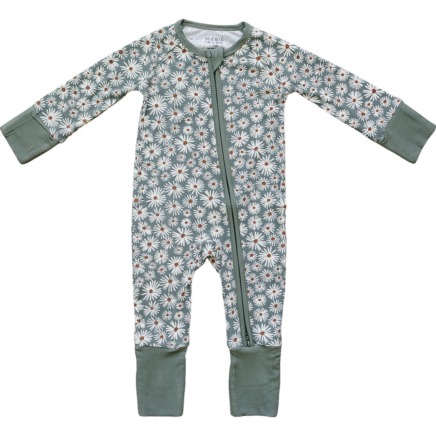 Dark Green Daisy Ribbed Bamboo Zipper - Tenth &amp; Pine - zip rompers - NB - Mebie Baby