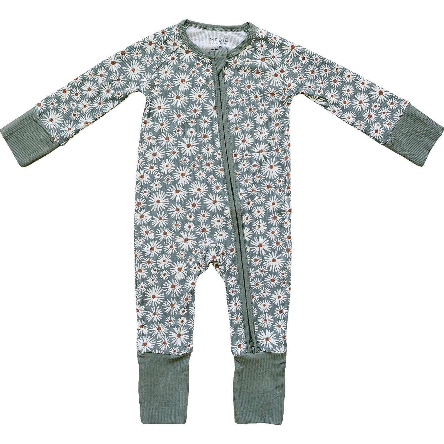 Dark Green Daisy Ribbed Bamboo Zipper - Tenth &amp; Pine - zip rompers - NB - Mebie Baby