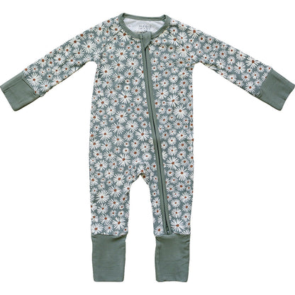 Dark Green Daisy Ribbed Bamboo Zipper - Tenth &amp; Pine - zip rompers - NB - Mebie Baby