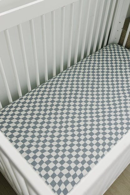 Dusty Blue Wavy Checkered Muslin Crib Sheet - Tenth &amp; Pine - 