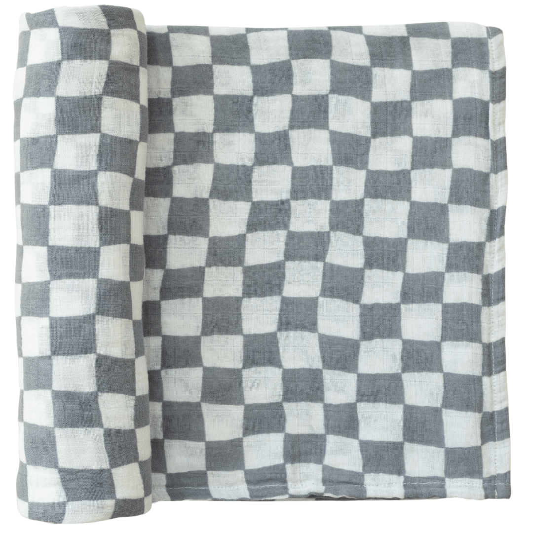 Dusty Blue Wavy Checkered Muslin Swaddle Blanket - Tenth &amp; Pine - 
