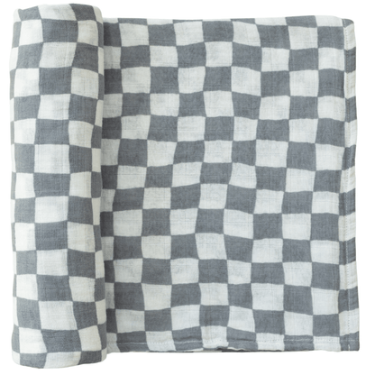 Dusty Blue Wavy Checkered Muslin Swaddle Blanket - Tenth &amp; Pine - 