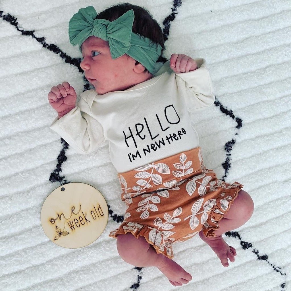 Baby Hello Im New Here Long - Sleeve Organic Cotton Bodysuit - Tenth &amp; Pine - Long Sleeve Onesie - 0 - 3M
