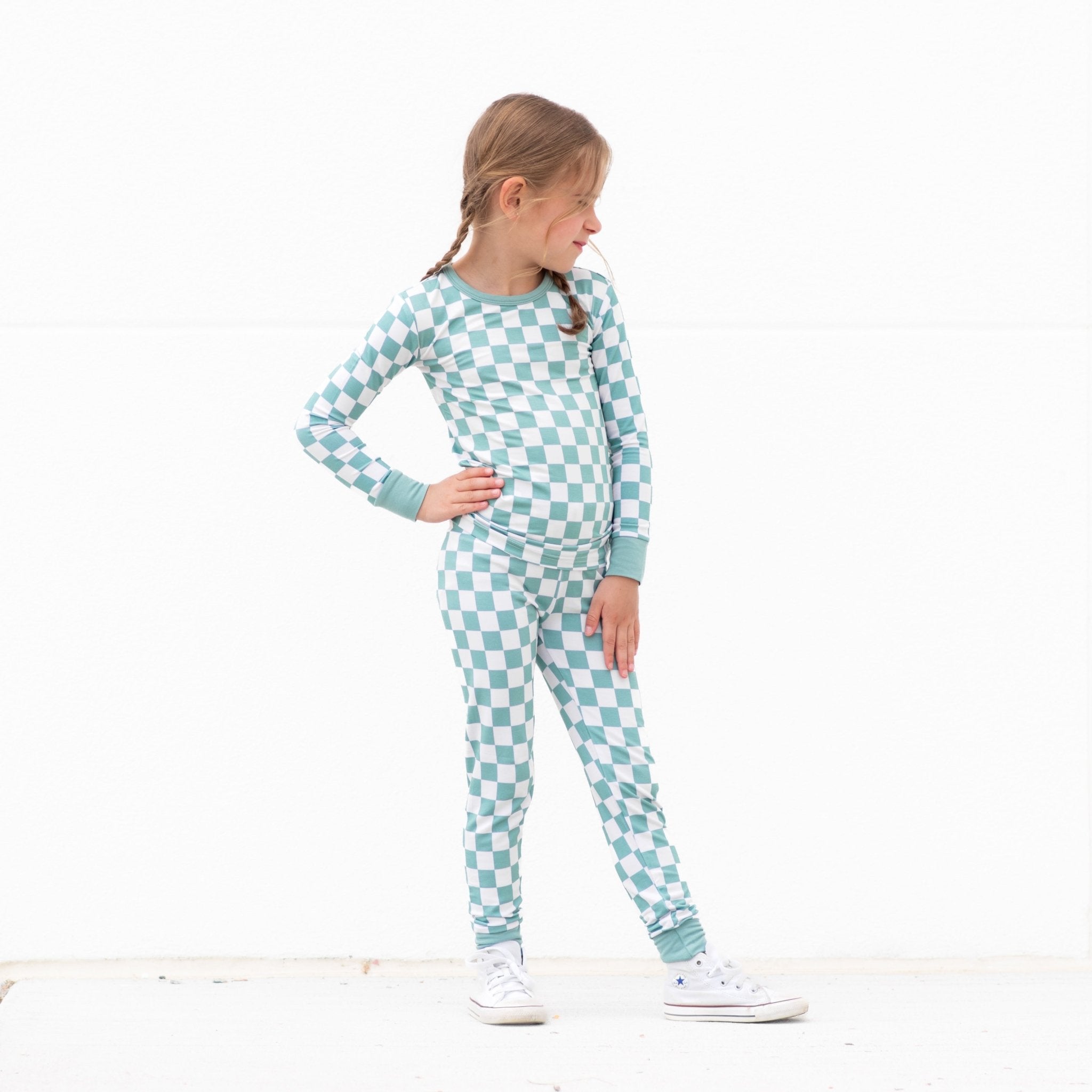 LONG SLEEVE 2 PIECE SETS - Sage Check - Tenth &amp; Pine - Bamboo 2 Piece PJ - 12/18m