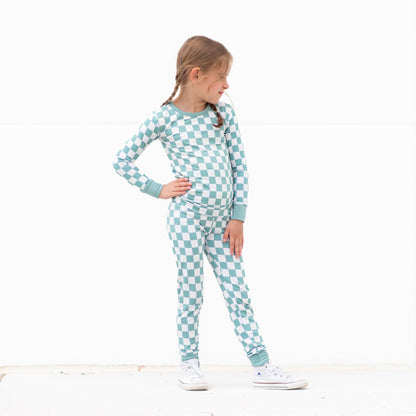 LONG SLEEVE 2 PIECE SETS - Sage Check - Tenth &amp; Pine - Bamboo 2 Piece PJ - 12/18m