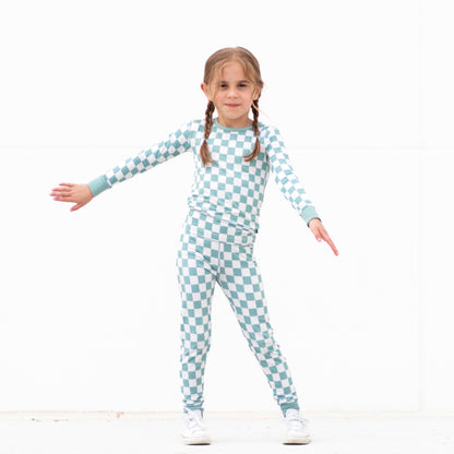 LONG SLEEVE 2 PIECE SETS - Sage Check - Tenth &amp; Pine - Bamboo 2 Piece PJ - 12/18m