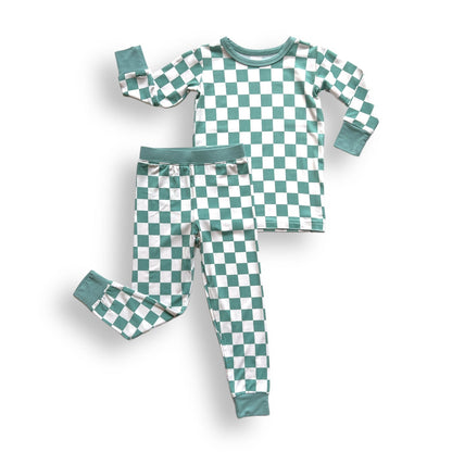 LONG SLEEVE 2 PIECE SETS - Sage Check - Tenth &amp; Pine - Bamboo 2 Piece PJ - 12/18m