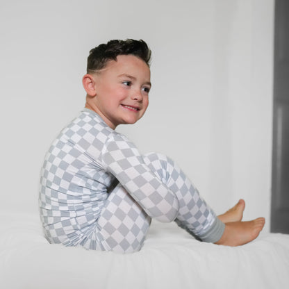 LONG SLEEVE 2 PIECE SETS - Stone Check - Tenth &amp; Pine - Bamboo 2 Piece PJ - 12/18m