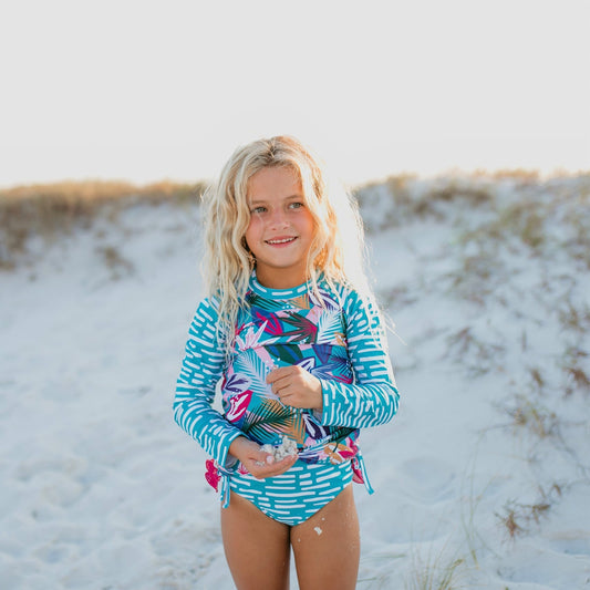 Long Sleeve Teal/Fuchsia Tropical Rash Guard Swimsuit - Tenth & Pine - Swimsuit - 2 - Oopsie Daisy