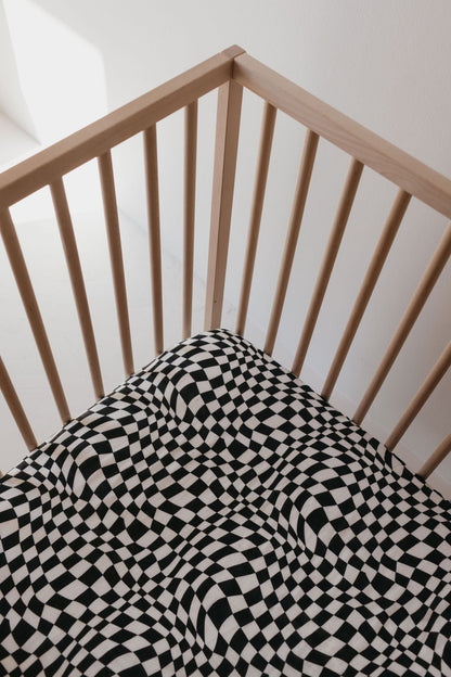 Muslin Crib Sheet | Black &amp; White Wavy Checkerboard - Tenth &amp; Pine - Crib Sheet - forever french baby