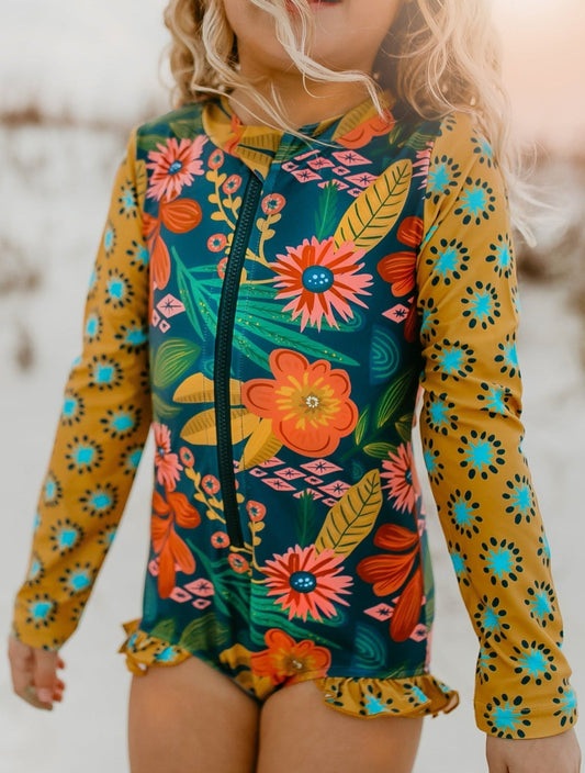 Mustard Tropical Zip Rash Guard Swimsuit - Tenth & Pine - Swimsuit - 2 - Oopsie Daisy