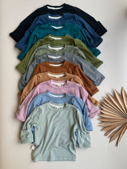 *Preorder* Long Sleeve Crew Neck Tee with Mittens | Baby & Toddler | Luxury Bamboo | Dusty Pink - Tenth & Pine - Bamboo Long Sleeve Tee - T-shirt - 0 - 3 M