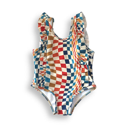 RUFFLE SWIMSUIT - Groovy Check - Tenth &amp; Pine - Ruffle Swimsuit - 6/12m - millie + roo