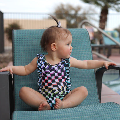 RUFFLE SWIMSUIT - Neon Dizzy Check - Tenth &amp; Pine - Ruffle Swimsuit - 6/12m - millie + roo