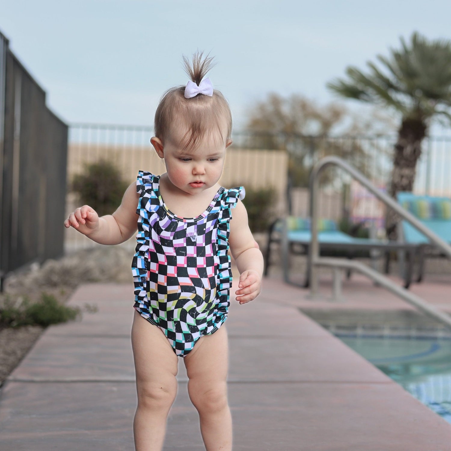 RUFFLE SWIMSUIT - Neon Dizzy Check - Tenth &amp; Pine - Ruffle Swimsuit - 6/12m - millie + roo