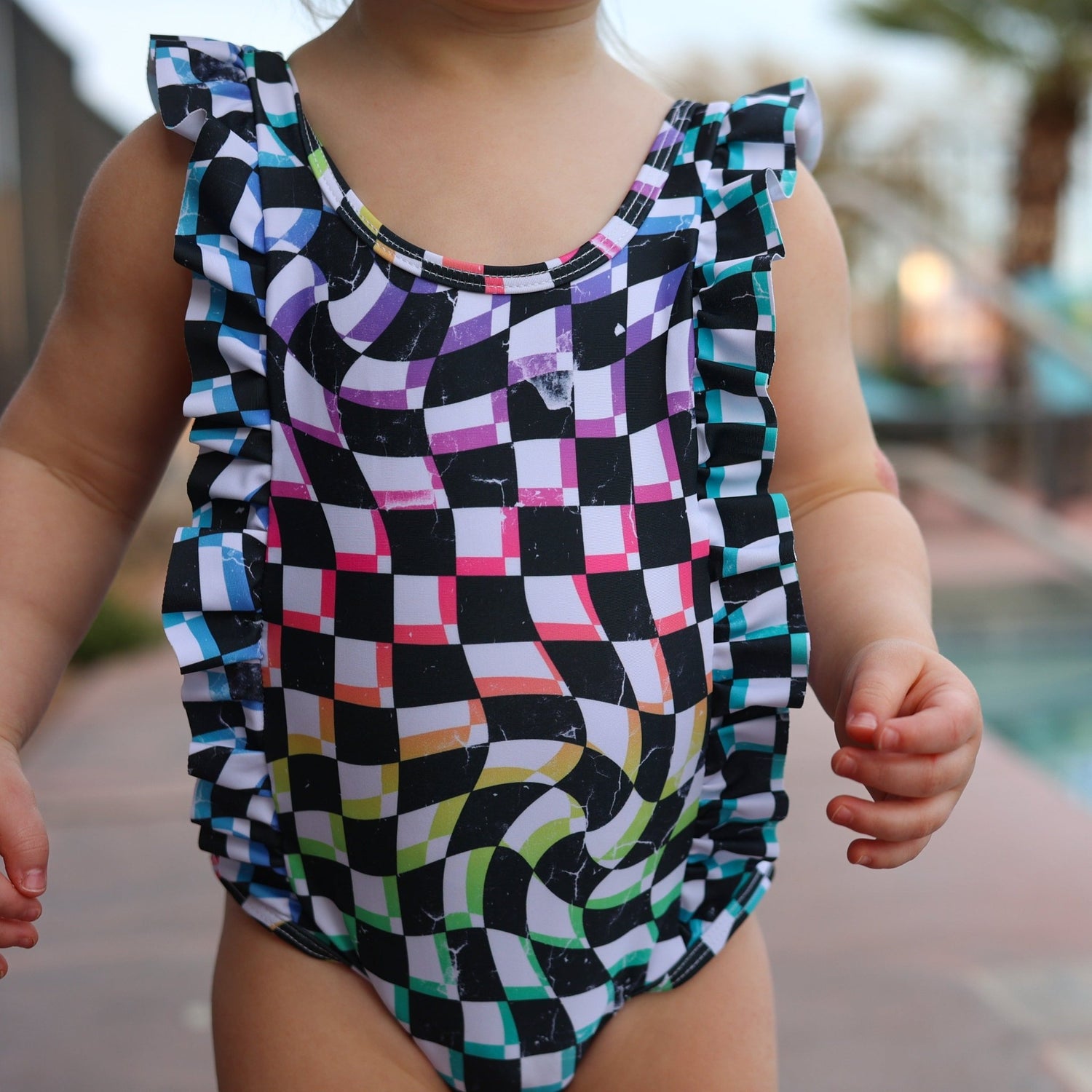 RUFFLE SWIMSUIT - Neon Dizzy Check - Tenth &amp; Pine - Ruffle Swimsuit - 6/12m - millie + roo