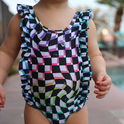 RUFFLE SWIMSUIT - Neon Dizzy Check - Tenth &amp; Pine - Ruffle Swimsuit - 6/12m - millie + roo