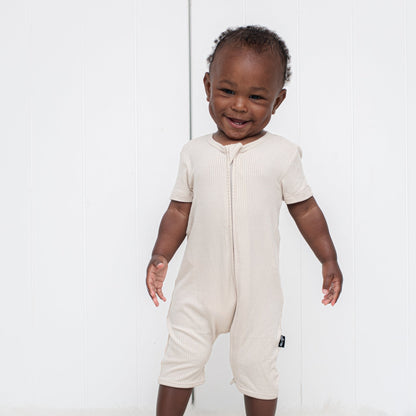 SHORTIE ZIP ROMPER - Clay Ribbed - Tenth &amp; Pine - shortie zip rompers - rib - 0/3m