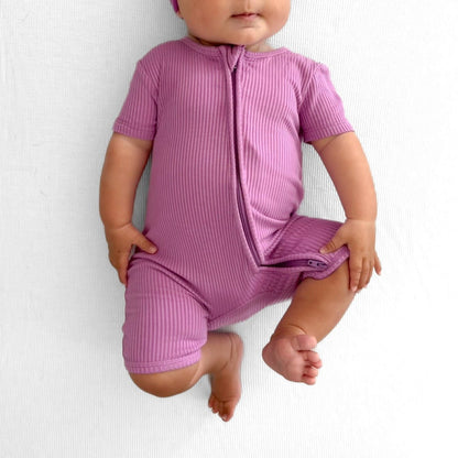 SHORTIE ZIP ROMPER - Lilac Ribbed - Tenth &amp; Pine - shortie zip rompers - rib - 0/3m