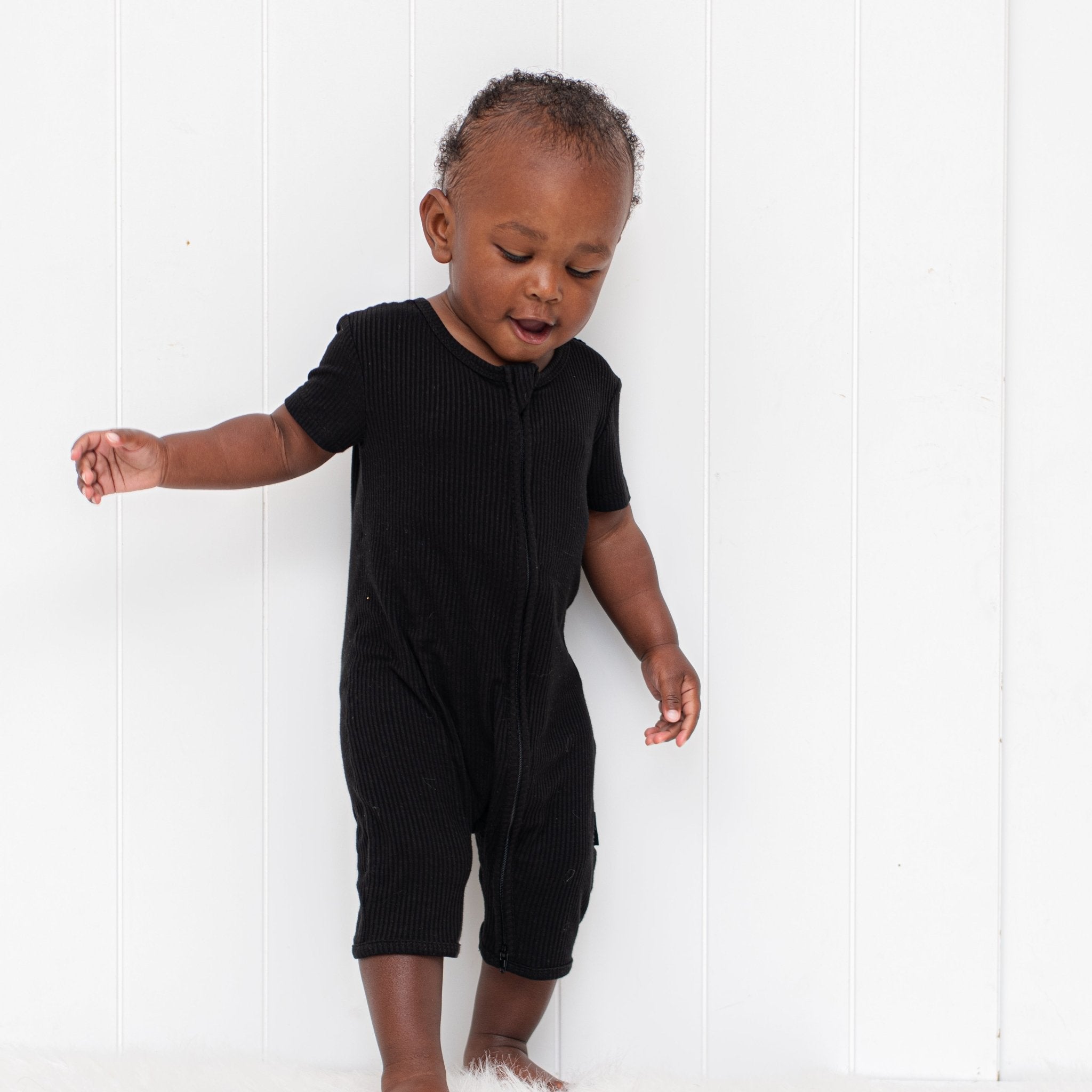SHORTIE ZIP ROMPER - Midnight Ribbed - Tenth &amp; Pine - shortie zip rompers - rib - 0/3m