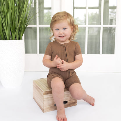SHORTIE ZIP ROMPER - Mocha Ribbed - Tenth &amp; Pine - shortie zip rompers - rib - 0/3m