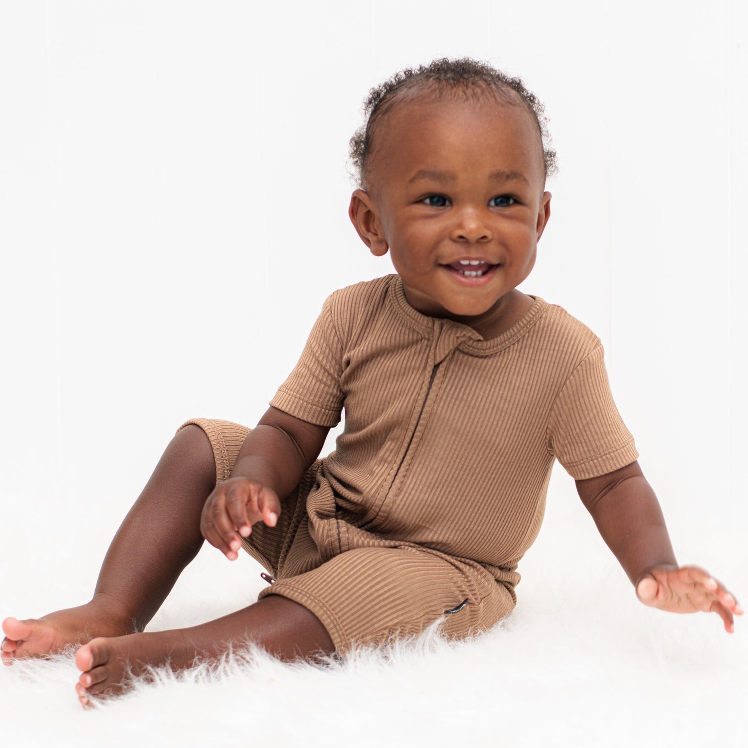 SHORTIE ZIP ROMPER - Mocha Ribbed - Tenth &amp; Pine - shortie zip rompers - rib - 0/3m