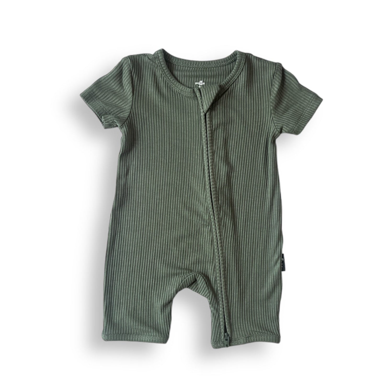 SHORTIE ZIP ROMPER - Moss Ribbed - Tenth &amp; Pine - shortie zip rompers - rib - 0/3m