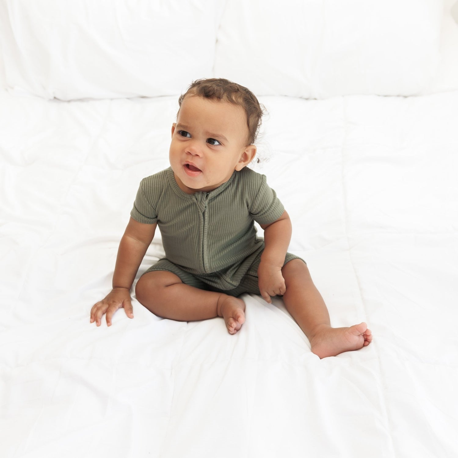 SHORTIE ZIP ROMPER - Moss Ribbed - Tenth &amp; Pine - shortie zip rompers - rib - 0/3m