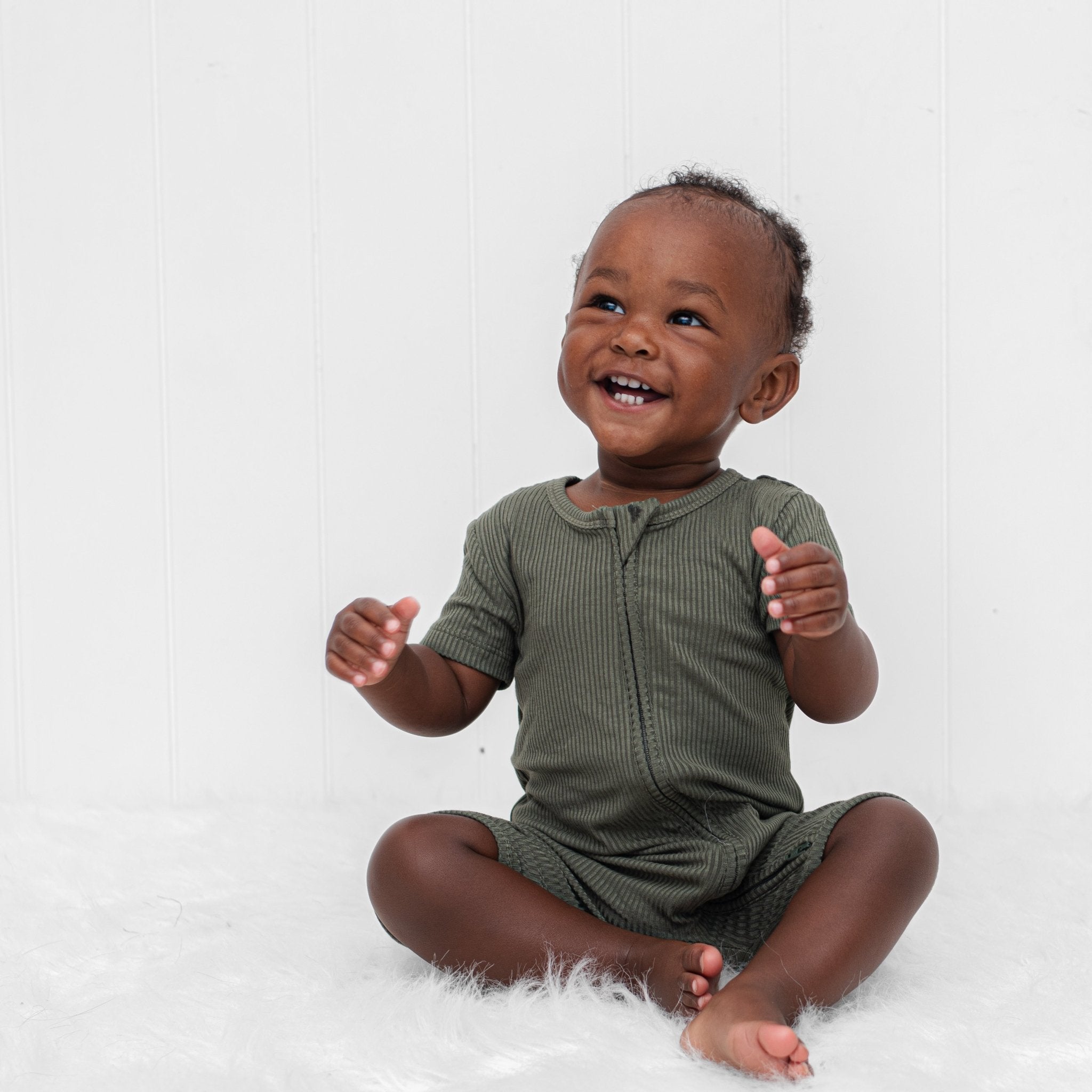 SHORTIE ZIP ROMPER - Moss Ribbed - Tenth &amp; Pine - shortie zip rompers - rib - 0/3m